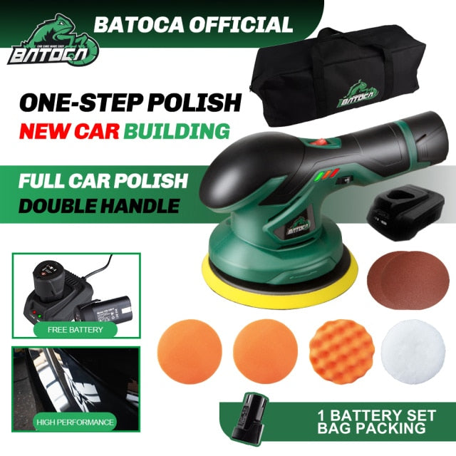 BATOCA Cordless Car Polisher 12V Wireless DA Car Polishing Machine Brushless Dual Action Buffer Free 2pcs 2.0Ah Lithium Battery