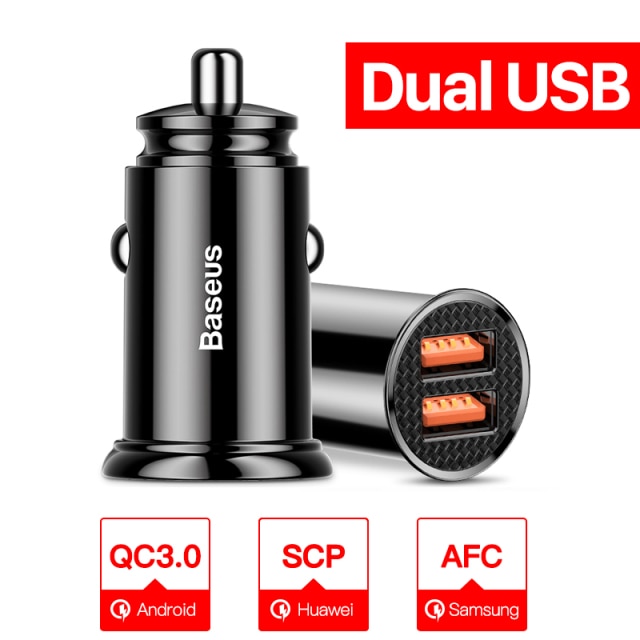 Baseus Dual USB Car Charger 5A Fast Charing 2 Port 12-24V Cigarette Socket Lighter Car USBC Charger for iPhone 12 Power Adapter